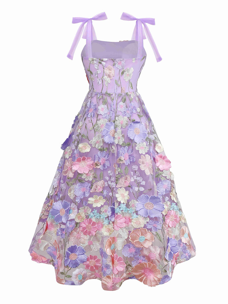Purple 1940s 3D Floral Bow Strap Mesh Dress
