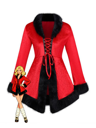 Red 1970s Christmas Fur-Trim Lace Up Velvet Dress