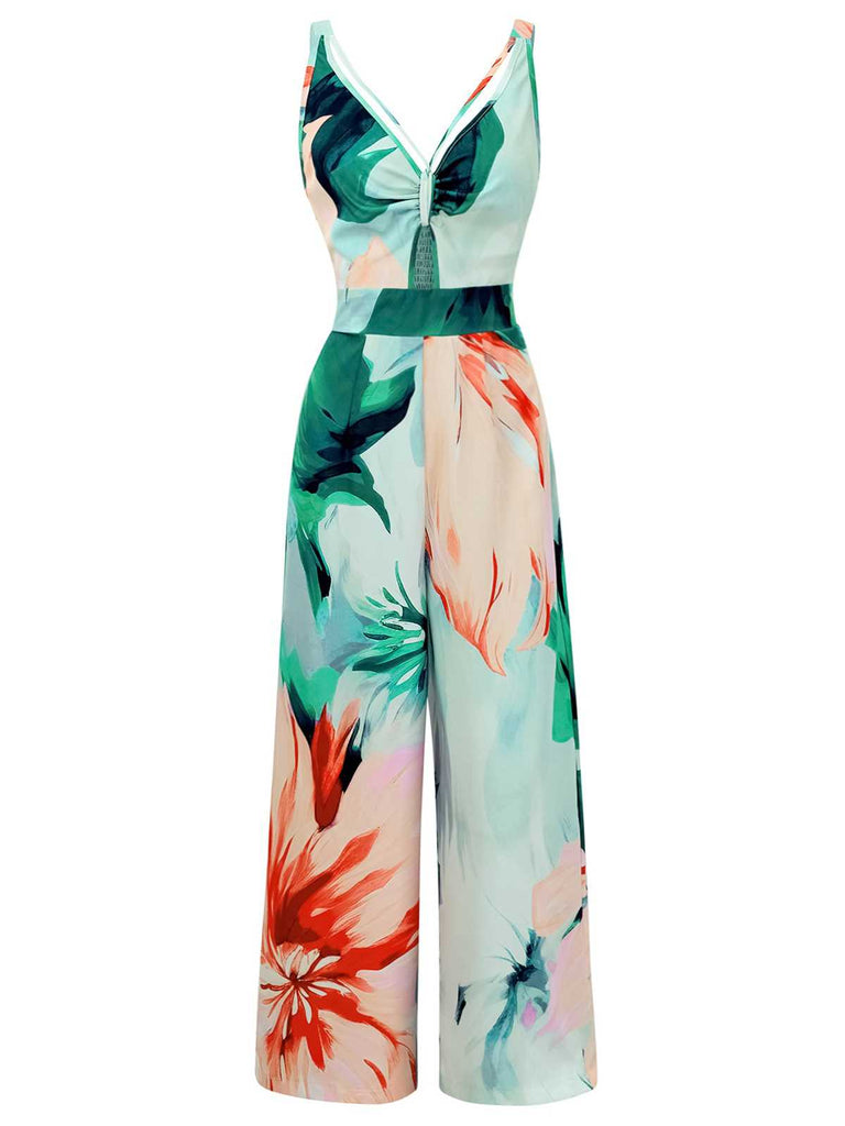 1970s Strap V-Neck Floral Smocked Jumpsuit