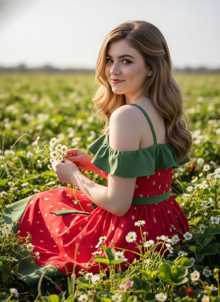 [Plus Size] Red 1950s Strawberry Ruffle Belt Dress