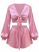 Front view of the silky satin tie-front set in a soft dusty pink color.