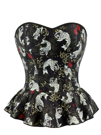 Black 1970s Strapless Koi Fish Print Ruffle Corset