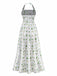 1970s Halter Palm Tile-Print Backless Dress