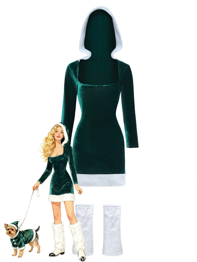 1980s Christmas Fur Trim Hooded Velvet Dress