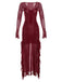 Wine Red 1970s Sheer Mesh Ruffle Maxi Dress