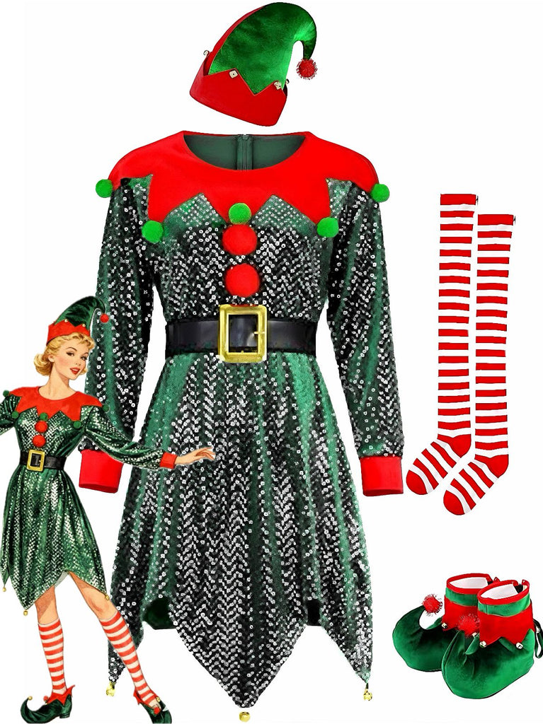 Green 1950s Sequin Christmas Elf Costume Set