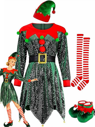 Green 1950s Sequin Christmas Elf Costume Set