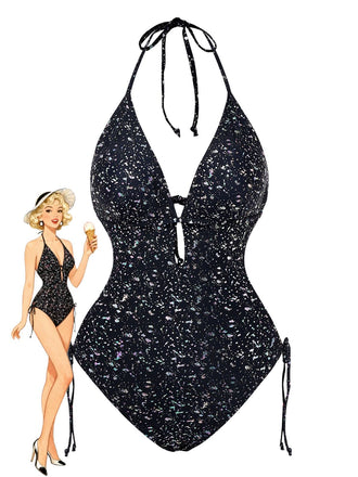 Black 1980s Reflective One-Piece Swimsuit