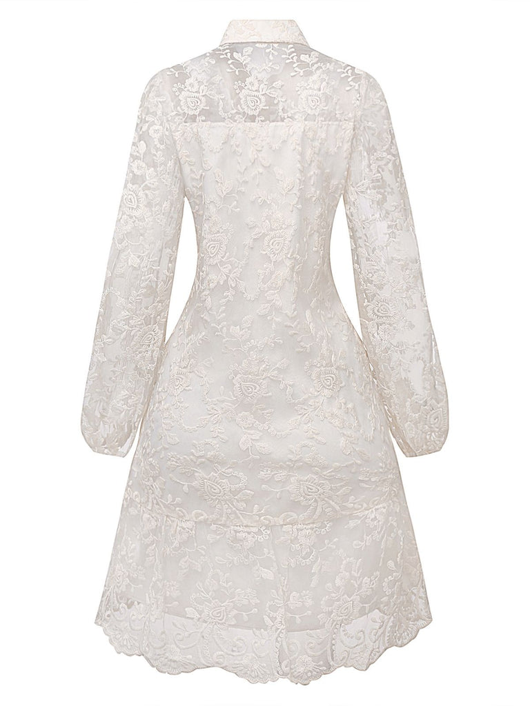 White 1960s Solid Pure Cotton Lace Dress