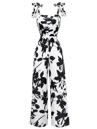 White 1930s Floral Lace-Up Jumpsuit