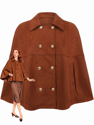 Light Brown 1940s Double-breasted Metal Button Suede Cape