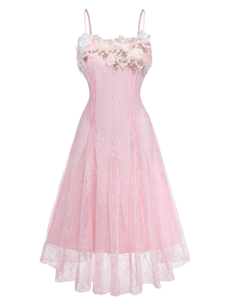 Pink 1940s Floral Lace Spaghetti-Strap Maxi Dress
