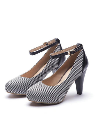 Vintage Houndstooth Colorblock Ankle Strap Cone Heels