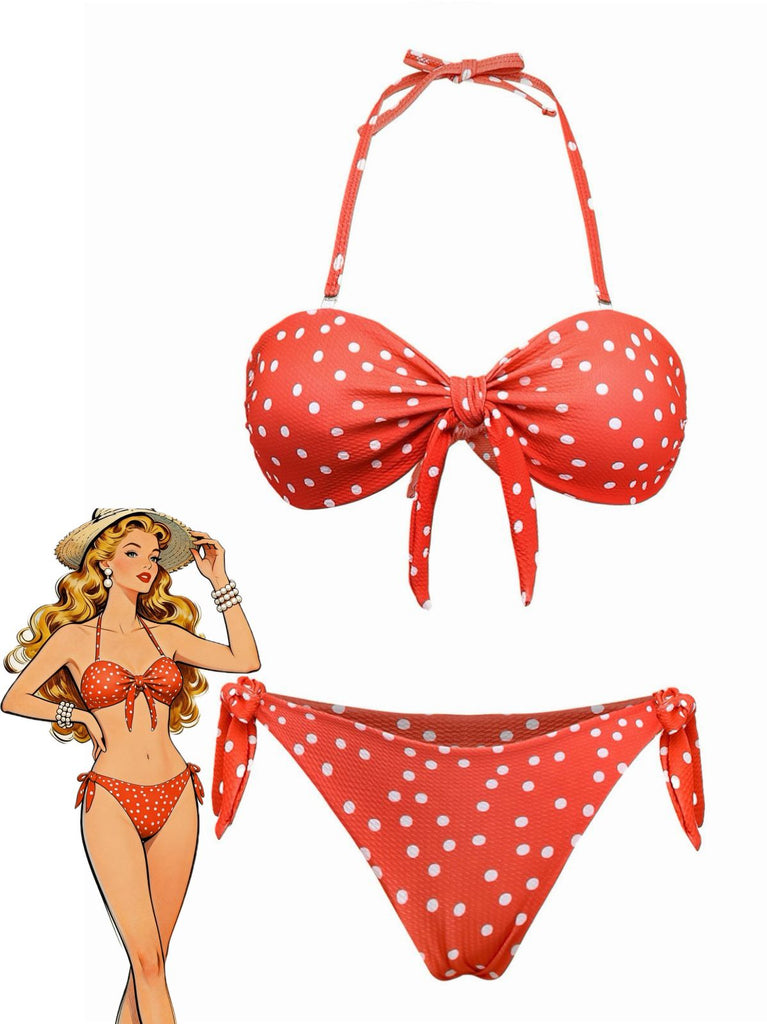 1970s Polka Dot Tie-Front Strapless Bikini Set