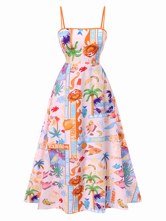 Multicolor 1970s Ocean Live Suspender Maxi Dress