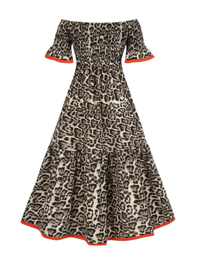 1970s Off-Shoulder Flare Sleeve Leopard Dress
