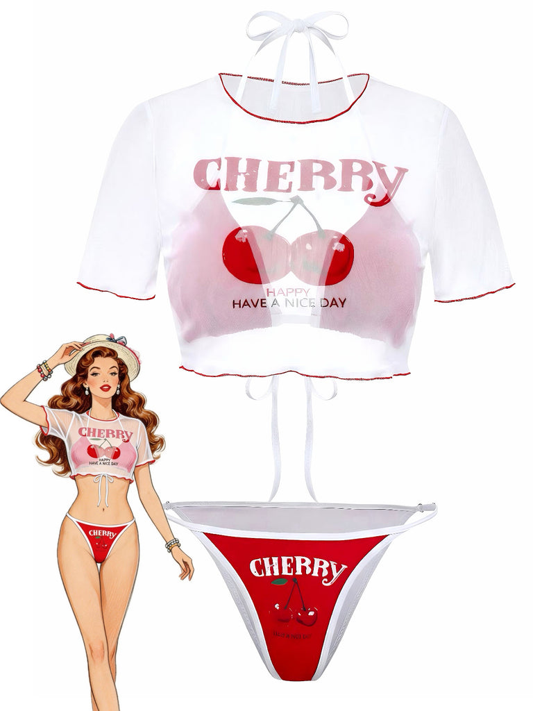 3PCS Red 1950s Cherry Print Tie-Up Bikini Set