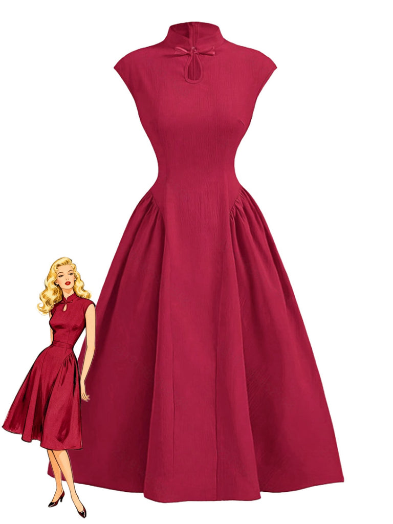 Red 1950s Cap Sleeve Stand Collar A-line Dress