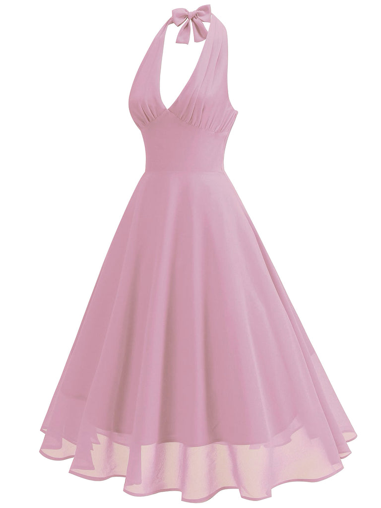 1950s Halter V-Neck Mesh Backless Dress