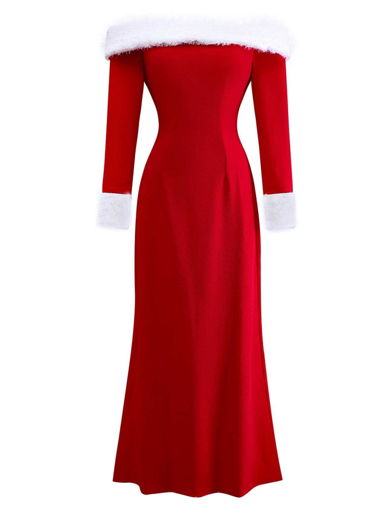 1930s Off-Shoulder Faux Fur Trim Christmas Dress