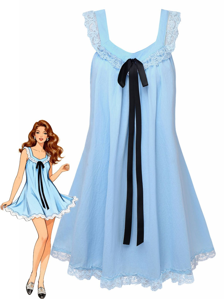 1960s Solid Bow Backless Lace Babydoll Dress