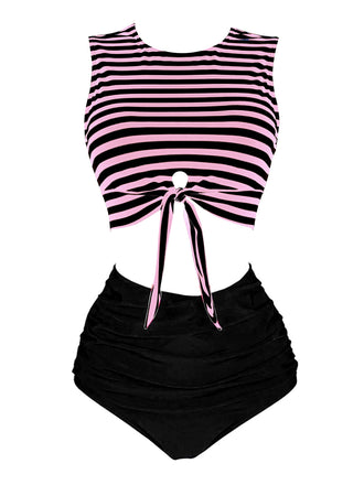 Pink & Black 1970s Striped Waist Tie Patchwork Swimsuit