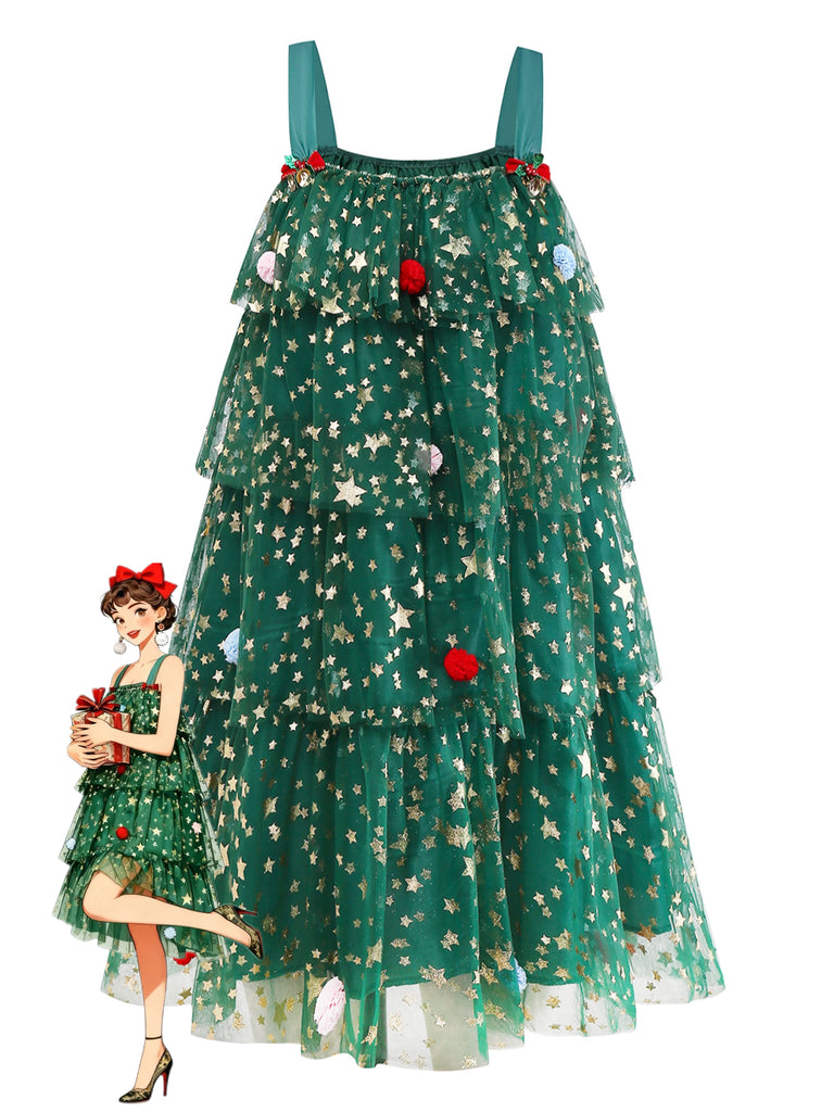 Green 1960s Christmas Tree Pom-Pom Balls Mesh Dress