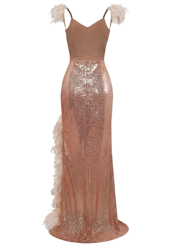 1930s V-Neck Feather Strap High Slit Sequined Dress