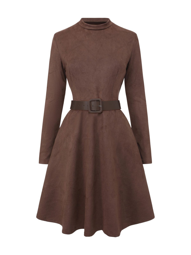 Brown 1970s Long Sleeve Round Neck Dress With Belt