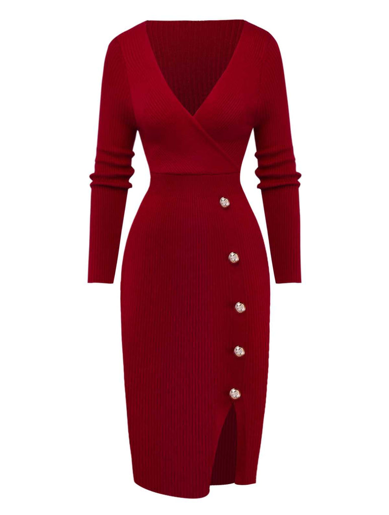 1960s V-Neck Ribbed Knit Button Bodycon Dress