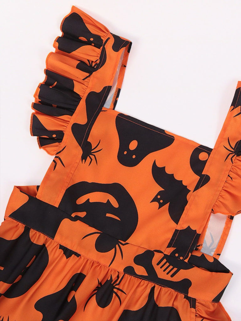1950s Halloween Pumpkin Ghost Ruffled Dress