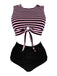 [Plus Size] Pink & Black 1970s Striped Waist Tie Patchwork Swimsuit