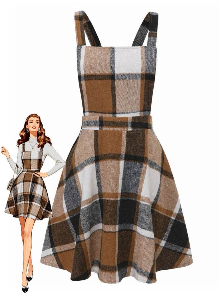 Khaki 1960s Square Neck Plaid Overall Dress
