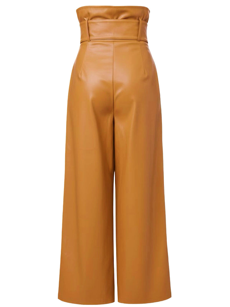 1940s High-Waist Metal Belt PU Leather Wide-Leg Pants