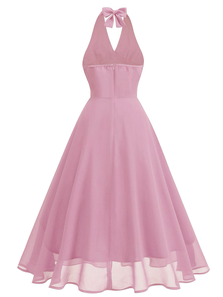 1950s Halter V-Neck Mesh Backless Dress