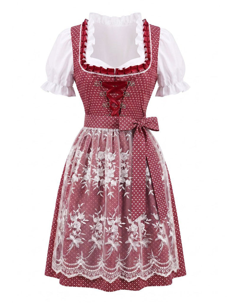 3PCS 1950s Square Neck Floral Dress & White Puff Top & Apron