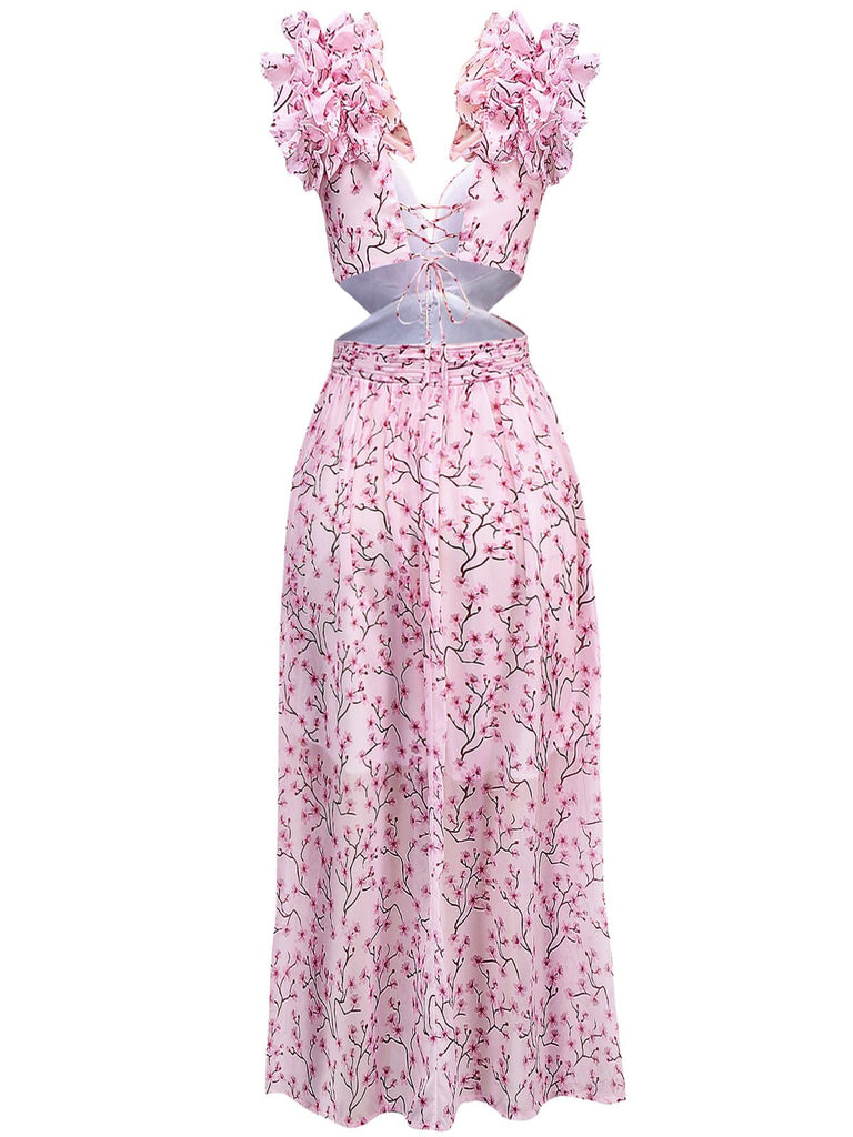 Pink 1970s Deep V-Neck Ruffle Floral Backless Dress