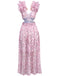Pink 1970s Deep V-Neck Ruffle Floral Backless Dress