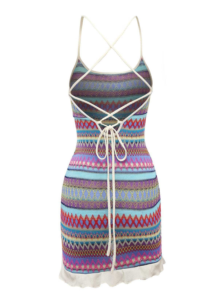 Multicolor 1960s Bohemian Drawstring Knit Straps Dress
