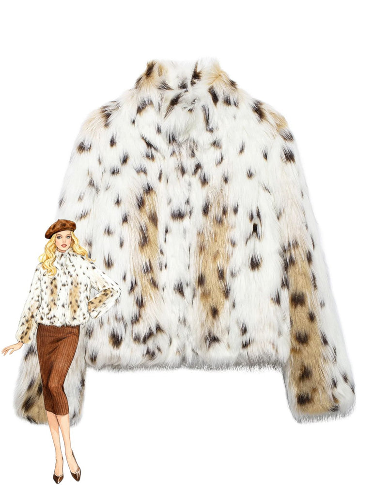 White 1980s Reindeer Print Faux Fur Jacket