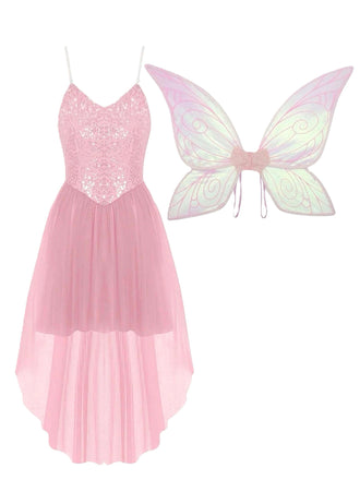 1970s Halloween Fairy Wings Sequin Tulle Costume Dress