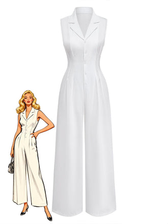 White 1930s Flax Sleeveless Lapel Plunge Wide-Leg Jumpsuit