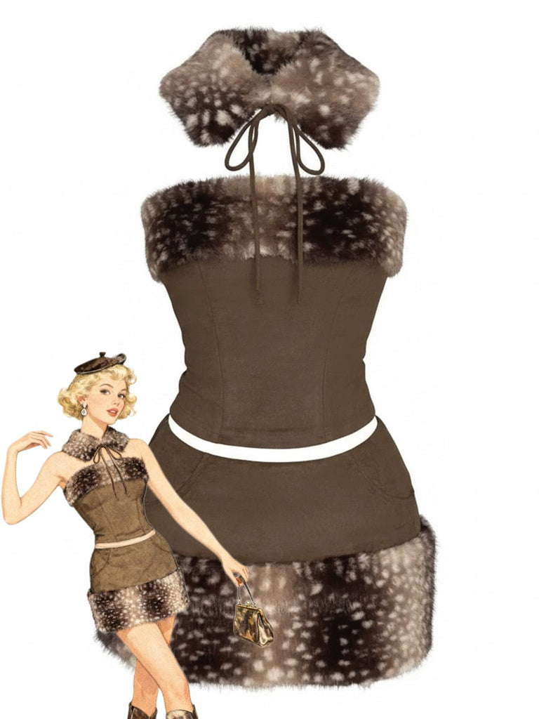 2PCS Brown 1980s Deer Faux Fur-Trimmed Crop Top & Skirt