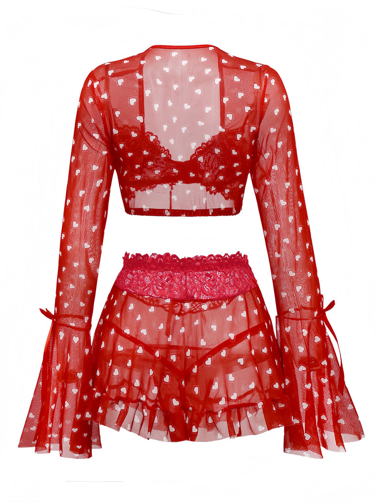 2PCS Red 1960s Heart Bow Ruffled Valentine's Pajamas