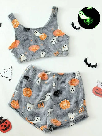 2PCS Grey 1970s Halloween Glowing Print Flannel Pajama Set