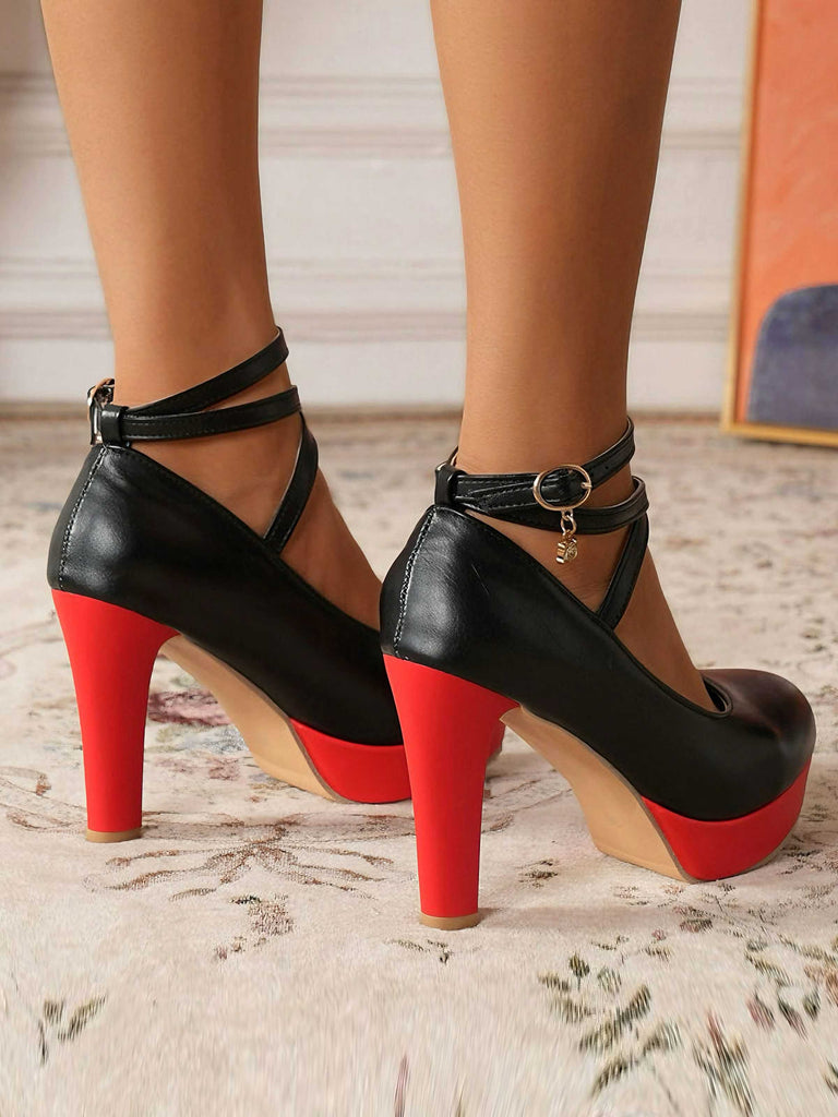 Mary Jane Color Block Round Toe Strap Chunky High Heels