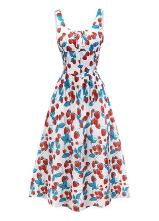 1950s Strawberry Square Neck Wide Strap Dress