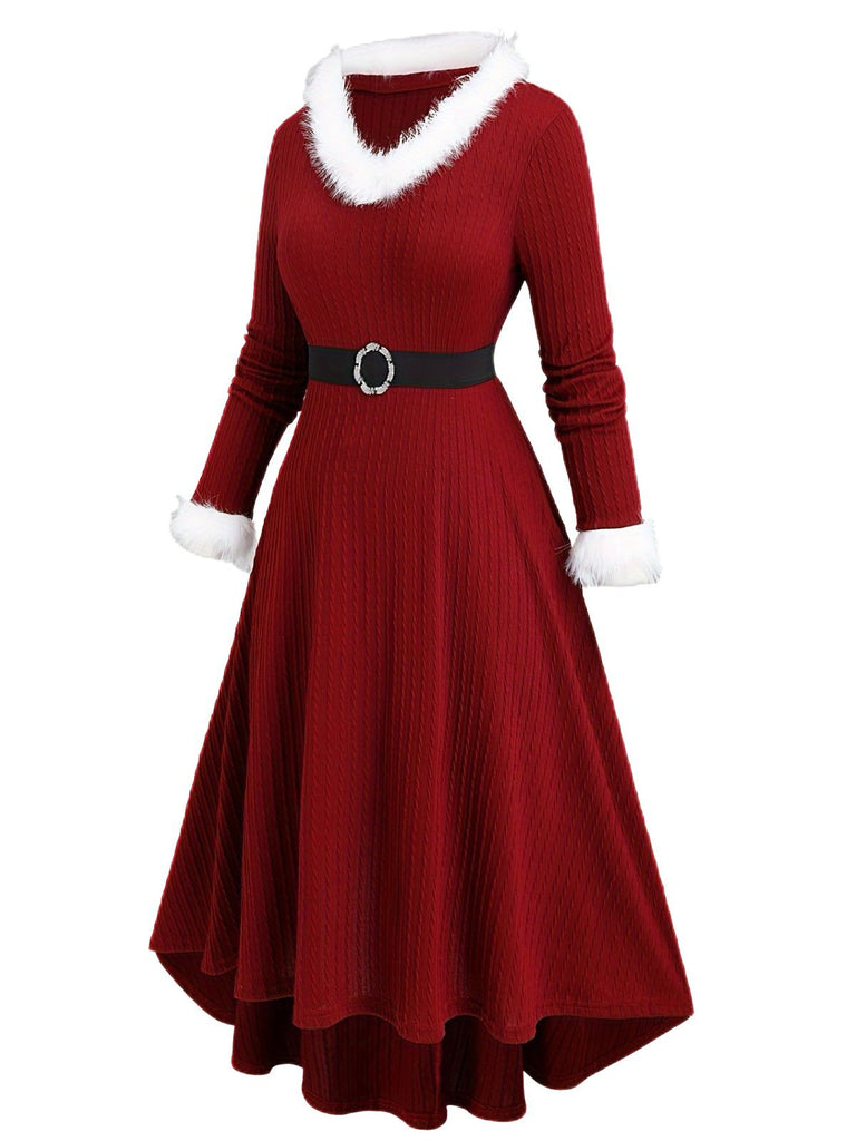 [Plus-Size] White 1940s Fur Collar V-Neck Belted Dress