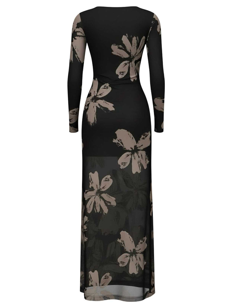 1930s Floral Mesh Long Sleeve Maxi Dress