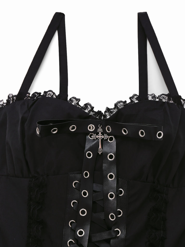 Black 1980s Gothic Layered Lace Slip Dress